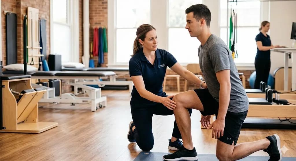 Physiotherapy treatment session with therapist assisting patient movement