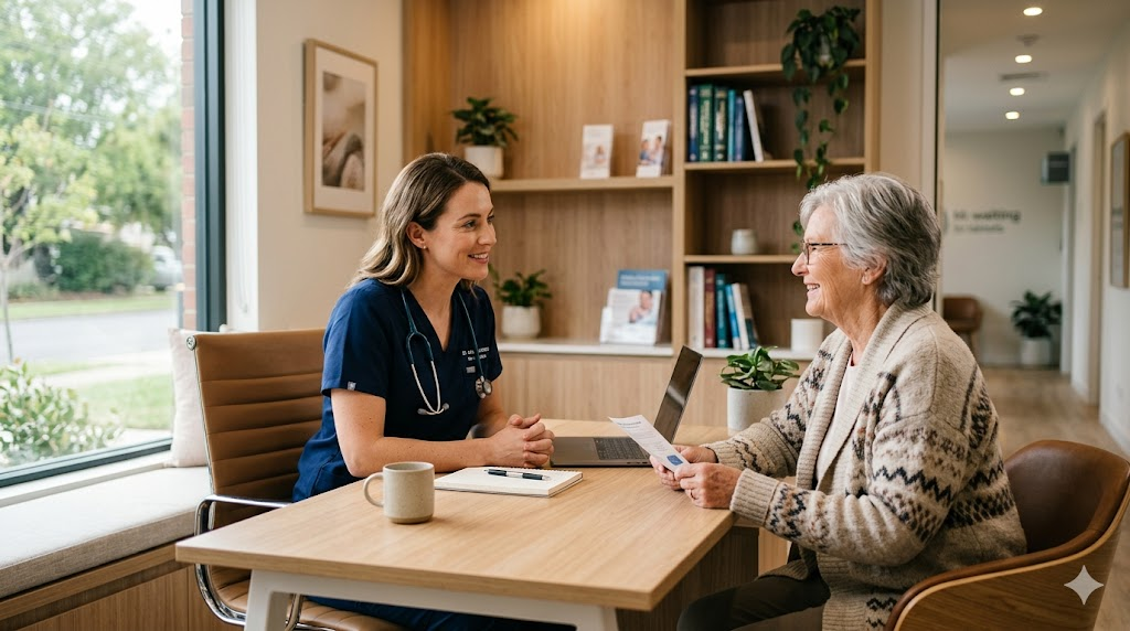 Clinician consulting with patient at a table